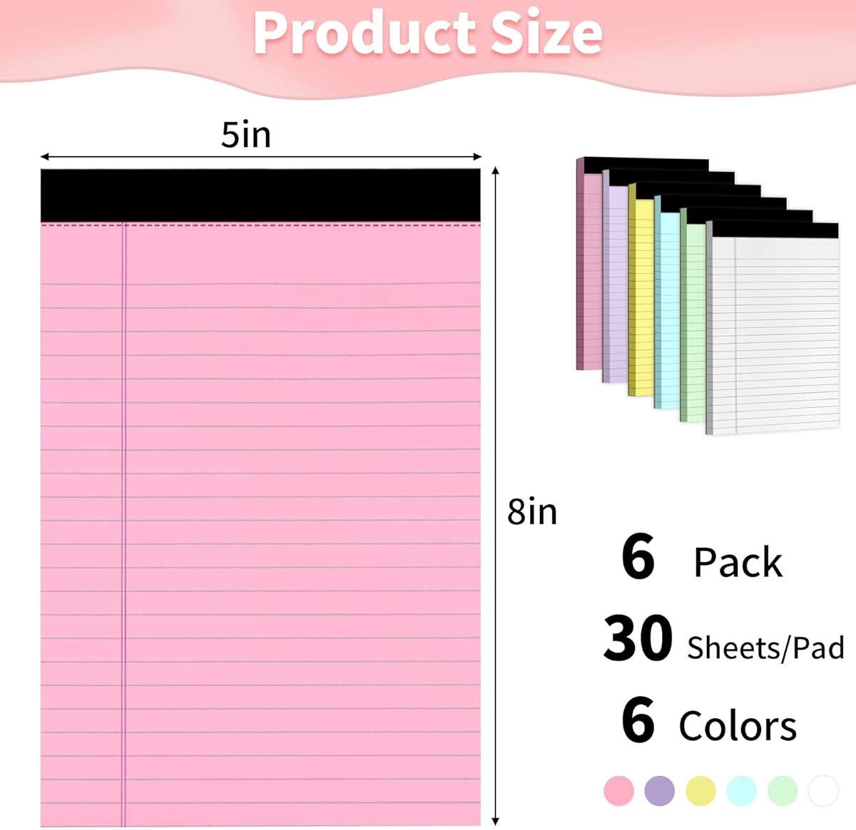 Legal Pads 5" X 8", 6 Pack Colored Note Pads, College Ruled Yellow Lined Paper Pads, Letter & Legal Ruled Pads, 30 Sheets per Small Writing Pads 5x8 for School, Home, Office, Business - Image 2