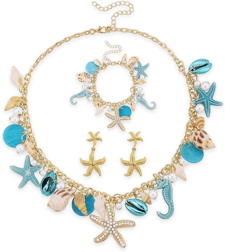 LKingel Bohemian Mermaids Starfish Jewelry Set for Women Starfish Necklace Bracelet Earrings Mermaids Starfish Conch Necklace Summer Ocean Beach Jewelry Set Halloween Prom Jewelry Mermaids Accessories - Image 1
