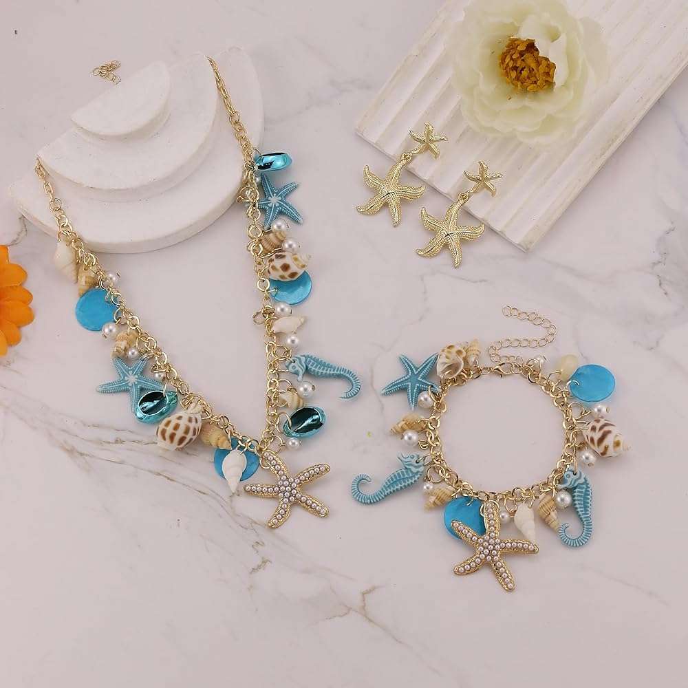 LKingel Bohemian Mermaids Starfish Jewelry Set for Women Starfish Necklace Bracelet Earrings Mermaids Starfish Conch Necklace Summer Ocean Beach Jewelry Set Halloween Prom Jewelry Mermaids Accessories - Image 4