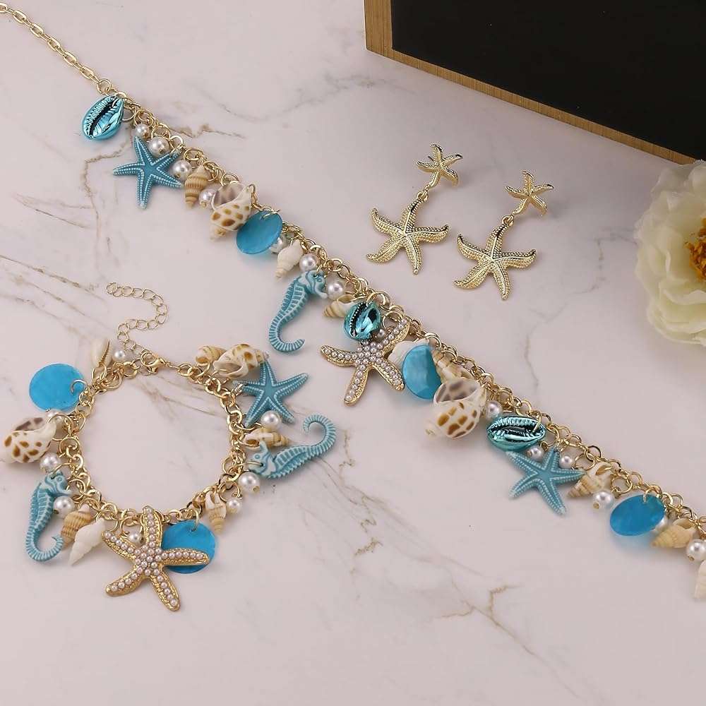 LKingel Bohemian Mermaids Starfish Jewelry Set for Women Starfish Necklace Bracelet Earrings Mermaids Starfish Conch Necklace Summer Ocean Beach Jewelry Set Halloween Prom Jewelry Mermaids Accessories - Image 5