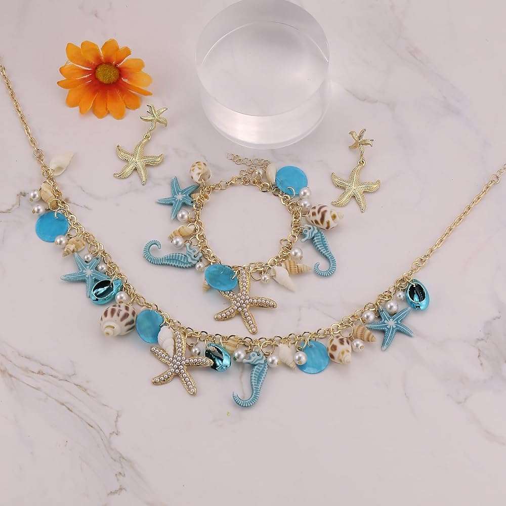 LKingel Bohemian Mermaids Starfish Jewelry Set for Women Starfish Necklace Bracelet Earrings Mermaids Starfish Conch Necklace Summer Ocean Beach Jewelry Set Halloween Prom Jewelry Mermaids Accessories - Image 6