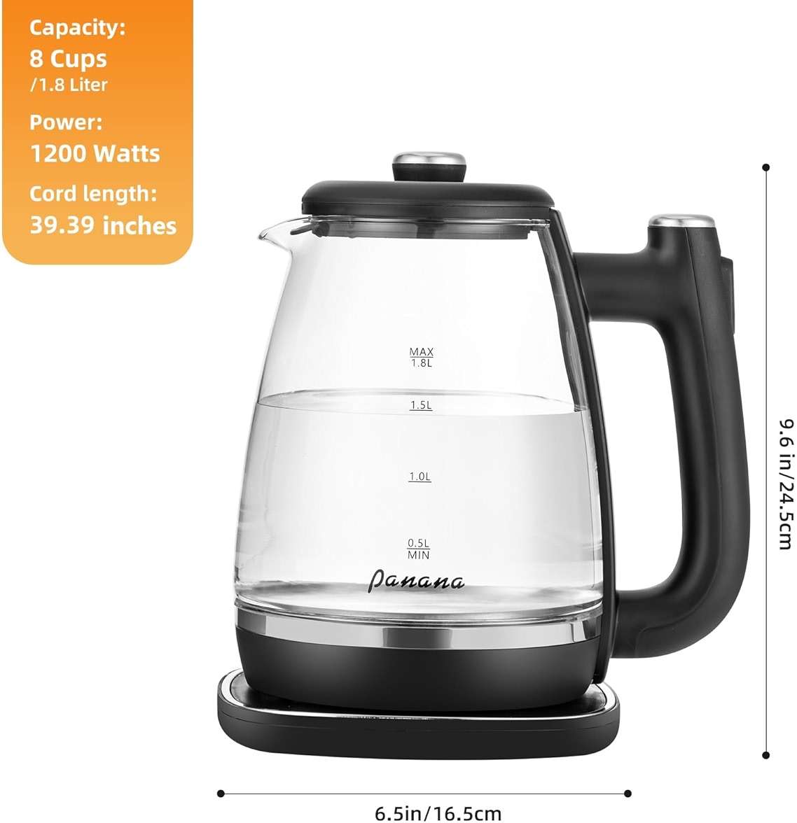 Panana Electric Kettle, Tea Kettle Pot, 1.8L, 1200W, Removable Stainless Steel Inner Lid for Easy Cleaning, Hot Water Kettle Teapot Boiler, Automatic Shut Off, BPA-Free - Image 2