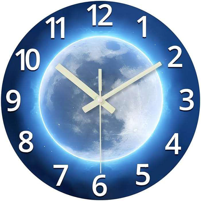 Constantplanet Analog Glow in The Dark Wall Clock Battery Operated 12 Inch Blue Light Up Clock for Wall Silent Wall Clock for Kids Bedroom - Image 1