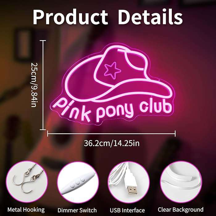 Vveikea Pink Pony Neon Sign Western Cowgirl Neon Lights for Wall Decor Dimmable Neon Lights Midwest Princess Led Signs For Bedroom Wall Girl Cave Club Bar Pub Gift - Image 3