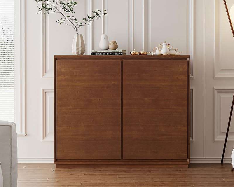 LKTART Mid Century Modern Narrow Sideboard Buffet Cabinet,Small Walnut Entryway Cabinet,Wood Credenza Storage Cabinet with 2 Doors for Living Room,Kitchen,Hallway(9.25" D*39" L) - Image 1