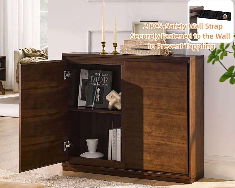 LKTART Mid Century Modern Narrow Sideboard Buffet Cabinet,Small Walnut Entryway Cabinet,Wood Credenza Storage Cabinet with 2 Doors for Living Room,Kitchen,Hallway(9.25" D*39" L) - Image 8
