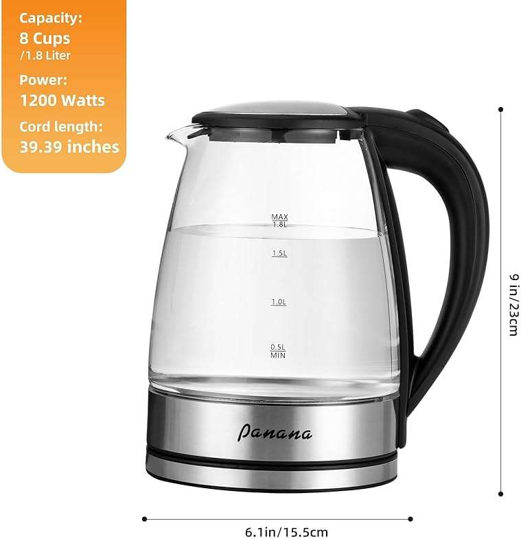 Panana Electric Kettle, 1.8L Glass Kettles with Blue LED, 1200W, Built-In Mesh Filter, Fast Boil, Easy to Clean, Boil-Dry Protection, BPA Free - Image 3