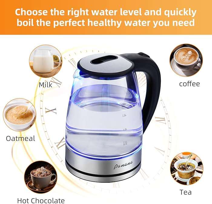 Panana Electric Kettle, 1.8L Glass Kettles with Blue LED, 1200W, Built-In Mesh Filter, Fast Boil, Easy to Clean, Boil-Dry Protection, BPA Free - Image 4