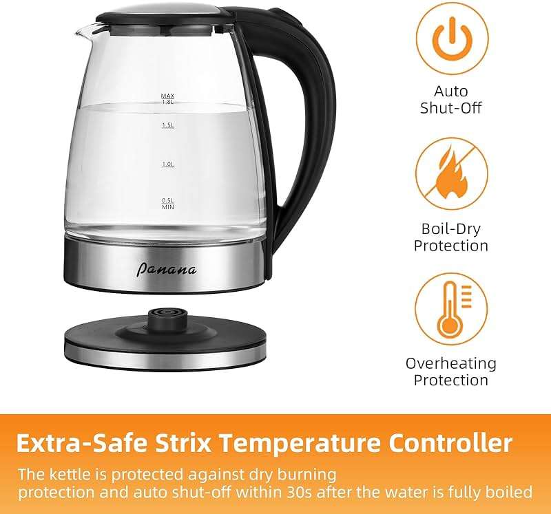 Panana Electric Kettle, 1.8L Glass Kettles with Blue LED, 1200W, Built-In Mesh Filter, Fast Boil, Easy to Clean, Boil-Dry Protection, BPA Free - Image 8