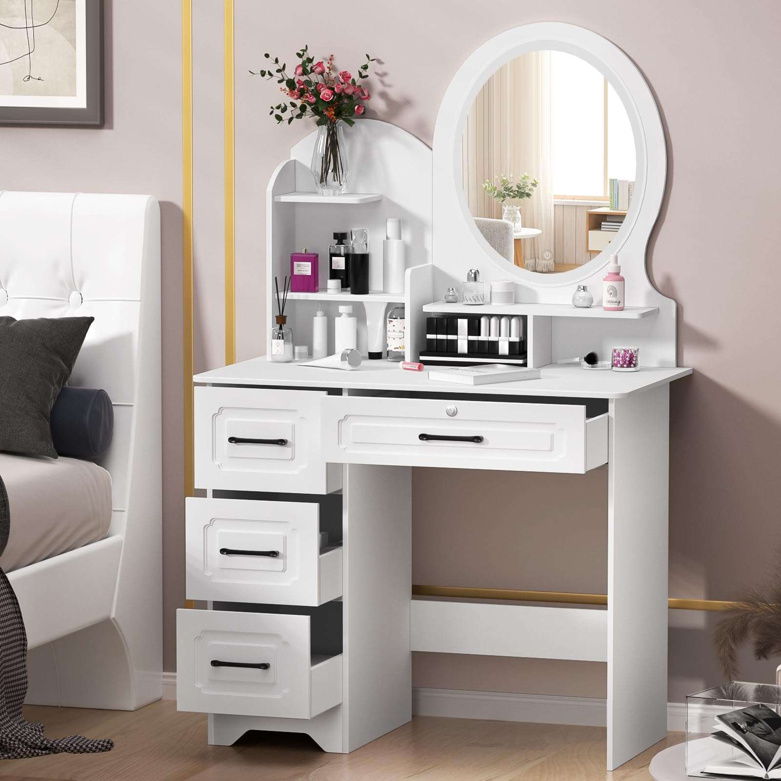 Vanity Desk with Mirror and LED Lights, Makeup Vanity Table with 4 Drawers and 6 Storage Shelves Dressing Table for Bedroom Dressing Room, Vanity Desk with LED Lighted Mirror, Makeup Table with Mirro - Image 1