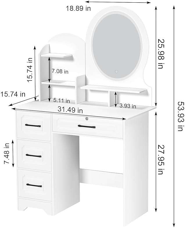 Vanity Desk with Mirror and LED Lights, Makeup Vanity Table with 4 Drawers and 6 Storage Shelves Dressing Table for Bedroom Dressing Room, Vanity Desk with LED Lighted Mirror, Makeup Table with Mirro - Image 2