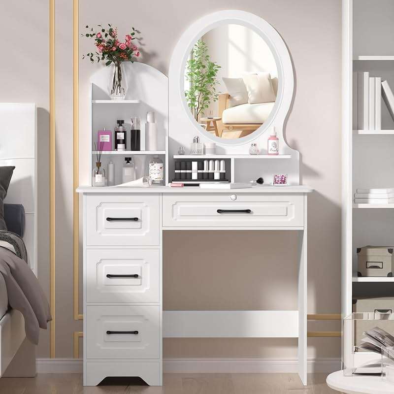 Vanity Desk with Mirror and LED Lights, Makeup Vanity Table with 4 Drawers and 6 Storage Shelves Dressing Table for Bedroom Dressing Room, Vanity Desk with LED Lighted Mirror, Makeup Table with Mirro - Image 3