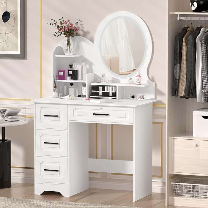 Vanity Desk with Mirror and LED Lights, Makeup Vanity Table with 4 Drawers and 6 Storage Shelves Dressing Table for Bedroom Dressing Room, Vanity Desk with LED Lighted Mirror, Makeup Table with Mirro - Image 4