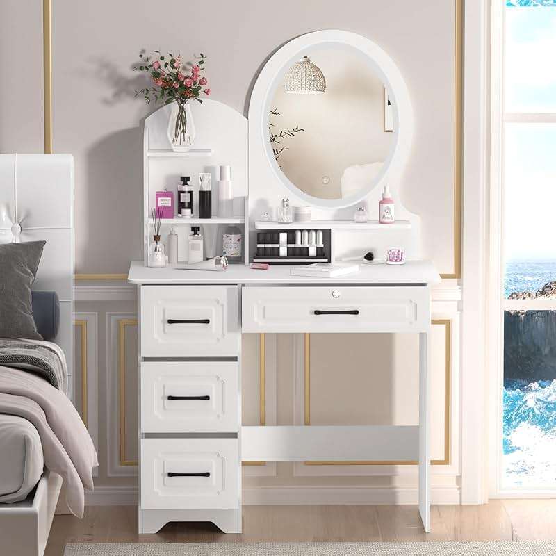 Vanity Desk with Mirror and LED Lights, Makeup Vanity Table with 4 Drawers and 6 Storage Shelves Dressing Table for Bedroom Dressing Room, Vanity Desk with LED Lighted Mirror, Makeup Table with Mirro - Image 5