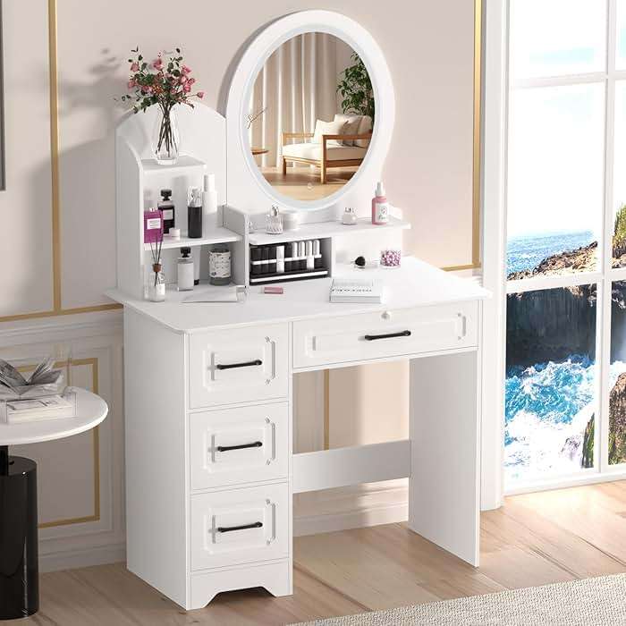 Vanity Desk with Mirror and LED Lights, Makeup Vanity Table with 4 Drawers and 6 Storage Shelves Dressing Table for Bedroom Dressing Room, Vanity Desk with LED Lighted Mirror, Makeup Table with Mirro - Image 6