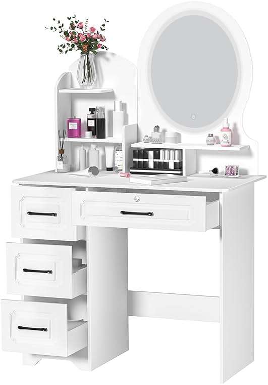 Vanity Desk with Mirror and LED Lights, Makeup Vanity Table with 4 Drawers and 6 Storage Shelves Dressing Table for Bedroom Dressing Room, Vanity Desk with LED Lighted Mirror, Makeup Table with Mirro - Image 7