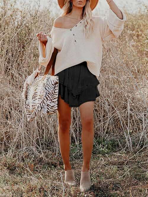 Aoudery Flowy Shorts for Women Casual Boho Ruffle Tiered Skorts High Waist Mini Skirts Golf Tennis Crochet Shorts - Image 6