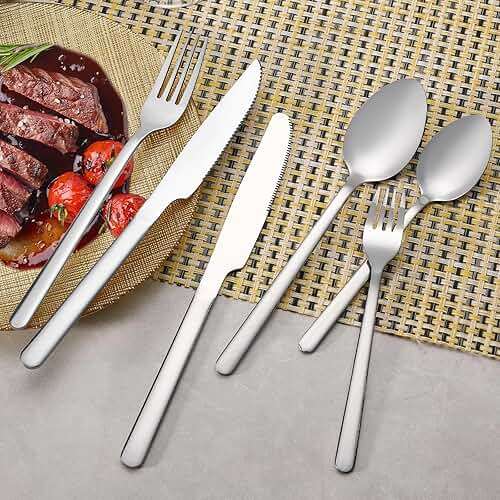 24 Pcs Silverware Set with Steak Knives, Stainless Steel Flatware Set for 4, Food-Grade Cutlery Set, Mirror Polished Tableware Eating Utensils Set for Kitchen, Knife Fork Spoon Set, Dishwasher Safe - Image 2