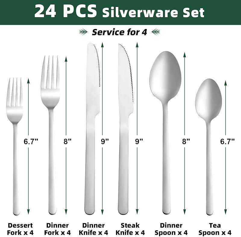 24 Pcs Silverware Set with Steak Knives, Stainless Steel Flatware Set for 4, Food-Grade Cutlery Set, Mirror Polished Tableware Eating Utensils Set for Kitchen, Knife Fork Spoon Set, Dishwasher Safe - Image 3