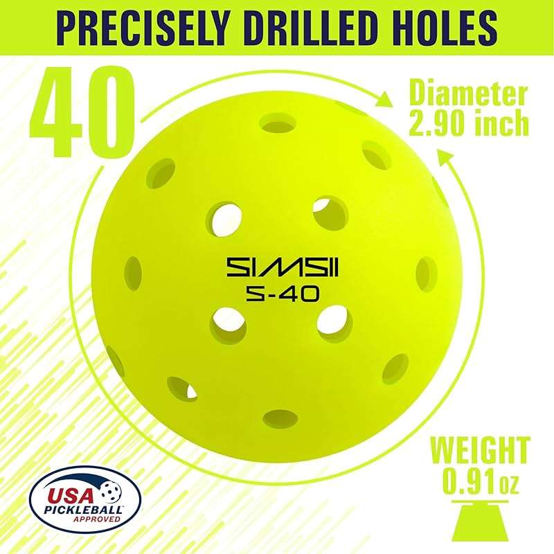 SIMSII S-40 Outdoor Pickleball Balls - 40 Holes, Approved by the USAPA - Durable PE Material, Seamless Construction, Tournament Grade, 3/12/40/100 Pack - Pickleballs - Image 8