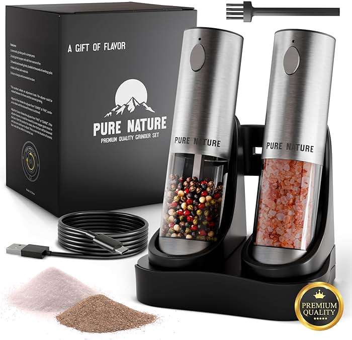 Pure Nature Electric Salt and Pepper Grinder Set with Rechargeable Base – Stainless Steel, Large Capacity, LED Light, 5 Adjustable Coarseness Levels, Refillable, Type-C Fast Charging - Image 1