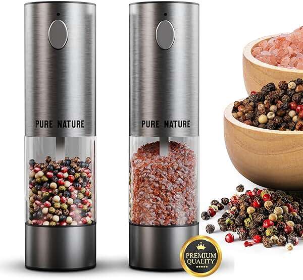 Pure Nature Electric Salt and Pepper Grinder Set with Rechargeable Base – Stainless Steel, Large Capacity, LED Light, 5 Adjustable Coarseness Levels, Refillable, Type-C Fast Charging - Image 2