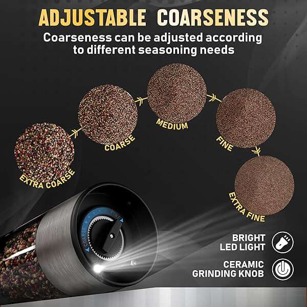 Pure Nature Electric Salt and Pepper Grinder Set with Rechargeable Base – Stainless Steel, Large Capacity, LED Light, 5 Adjustable Coarseness Levels, Refillable, Type-C Fast Charging - Image 3