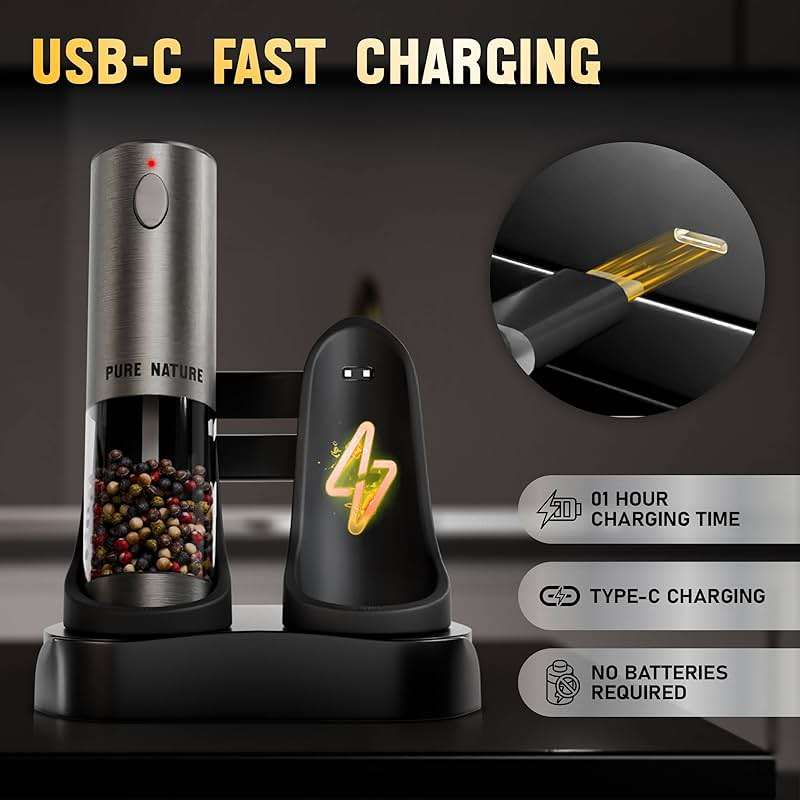 Pure Nature Electric Salt and Pepper Grinder Set with Rechargeable Base – Stainless Steel, Large Capacity, LED Light, 5 Adjustable Coarseness Levels, Refillable, Type-C Fast Charging - Image 4