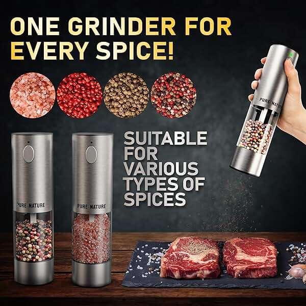 Pure Nature Electric Salt and Pepper Grinder Set with Rechargeable Base – Stainless Steel, Large Capacity, LED Light, 5 Adjustable Coarseness Levels, Refillable, Type-C Fast Charging - Image 6