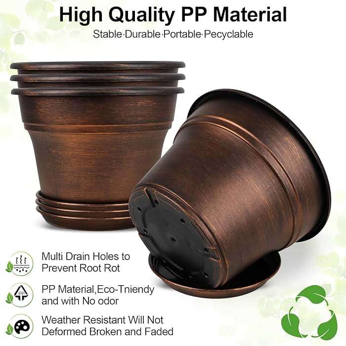 Plant Planters Pots Set of 4 Pack 8 Inch, Plastic Flower Pot For Indoor Plants With Drainage Holes & Trays, Resin Decorative Container Sets With Saucer For House Outdoor Garden Planters Copper - Image 5