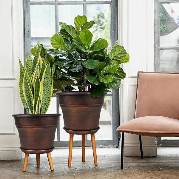 Plant Planters Pots Set of 4 Pack 8 Inch, Plastic Flower Pot For Indoor Plants With Drainage Holes & Trays, Resin Decorative Container Sets With Saucer For House Outdoor Garden Planters Copper - Image 6