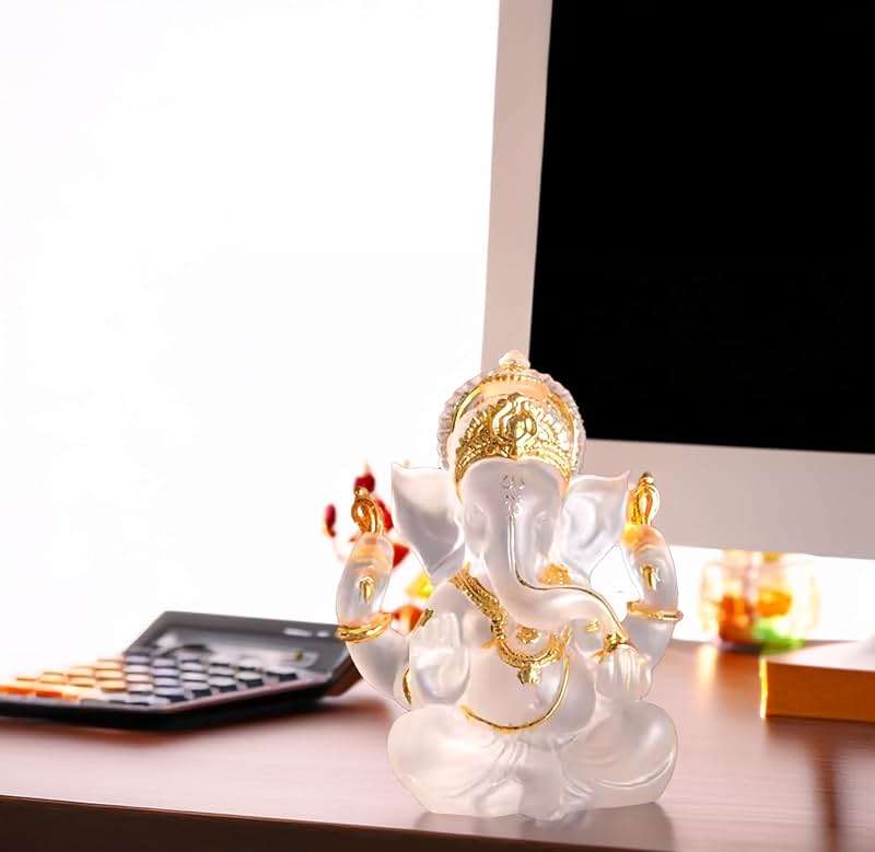 Transparent Ganesh Idol Statue for Table Top, Desktop & Home Decor | 14 cm Glass-Look Multicolor Ganpati Murti for Pooja, Home Mandir, Diwali Gift, Meditation & Calm Yoga Decor (White) - Image 3