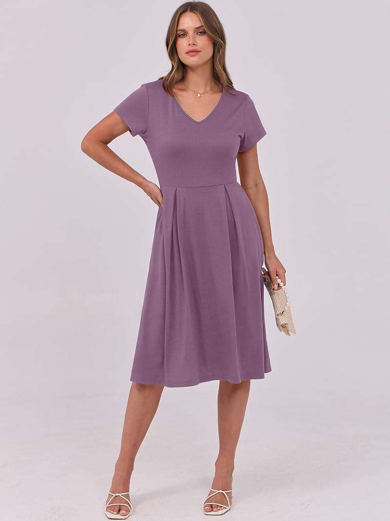 ANRABESS Women Summer Dress Casual Short Sleeve V Neck A-Line Knee Length Pleated Flowy 2026 Fashion Midi Dresses with Pocket - Image 3