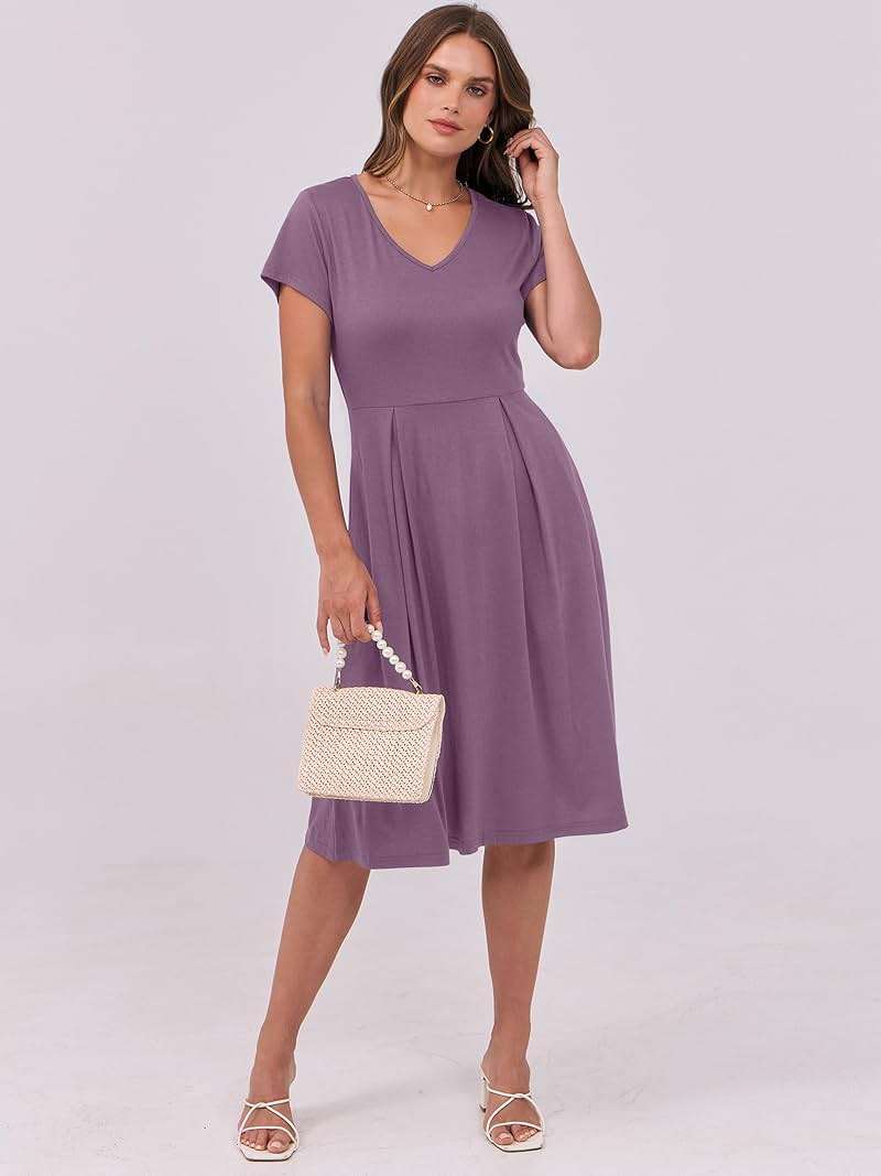 ANRABESS Women Summer Dress Casual Short Sleeve V Neck A-Line Knee Length Pleated Flowy 2026 Fashion Midi Dresses with Pocket - Image 4