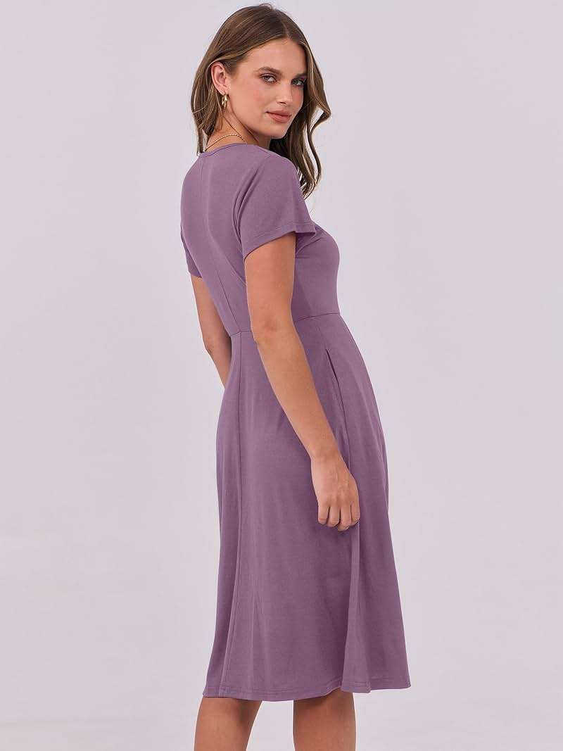 ANRABESS Women Summer Dress Casual Short Sleeve V Neck A-Line Knee Length Pleated Flowy 2026 Fashion Midi Dresses with Pocket - Image 6