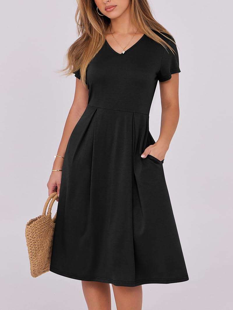 ANRABESS Women Summer Dress Casual Short Sleeve V Neck A-Line Knee Length Pleated Flowy 2026 Fashion Midi Dresses with Pocket - Image 2