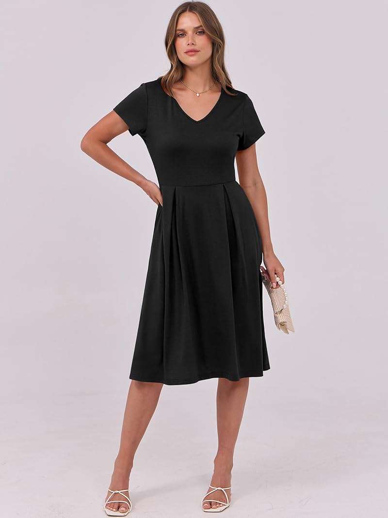 ANRABESS Women Summer Dress Casual Short Sleeve V Neck A-Line Knee Length Pleated Flowy 2026 Fashion Midi Dresses with Pocket - Image 3