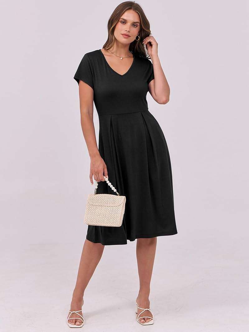 ANRABESS Women Summer Dress Casual Short Sleeve V Neck A-Line Knee Length Pleated Flowy 2026 Fashion Midi Dresses with Pocket - Image 4