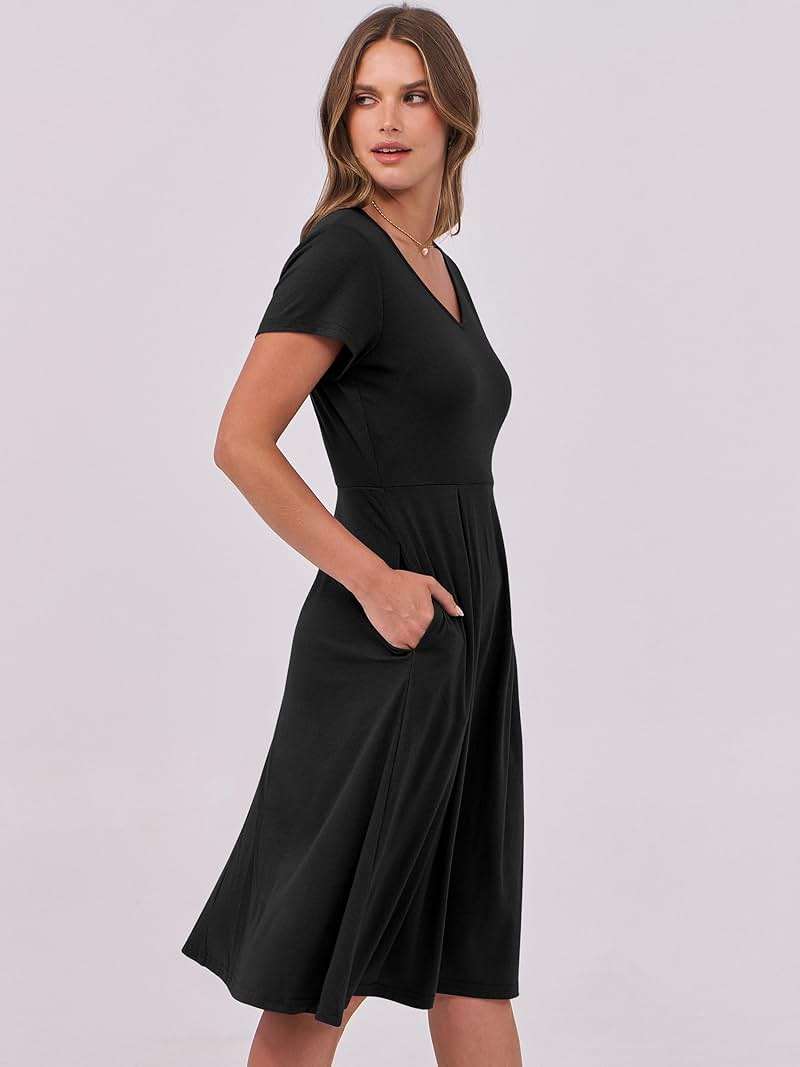 ANRABESS Women Summer Dress Casual Short Sleeve V Neck A-Line Knee Length Pleated Flowy 2026 Fashion Midi Dresses with Pocket - Image 5