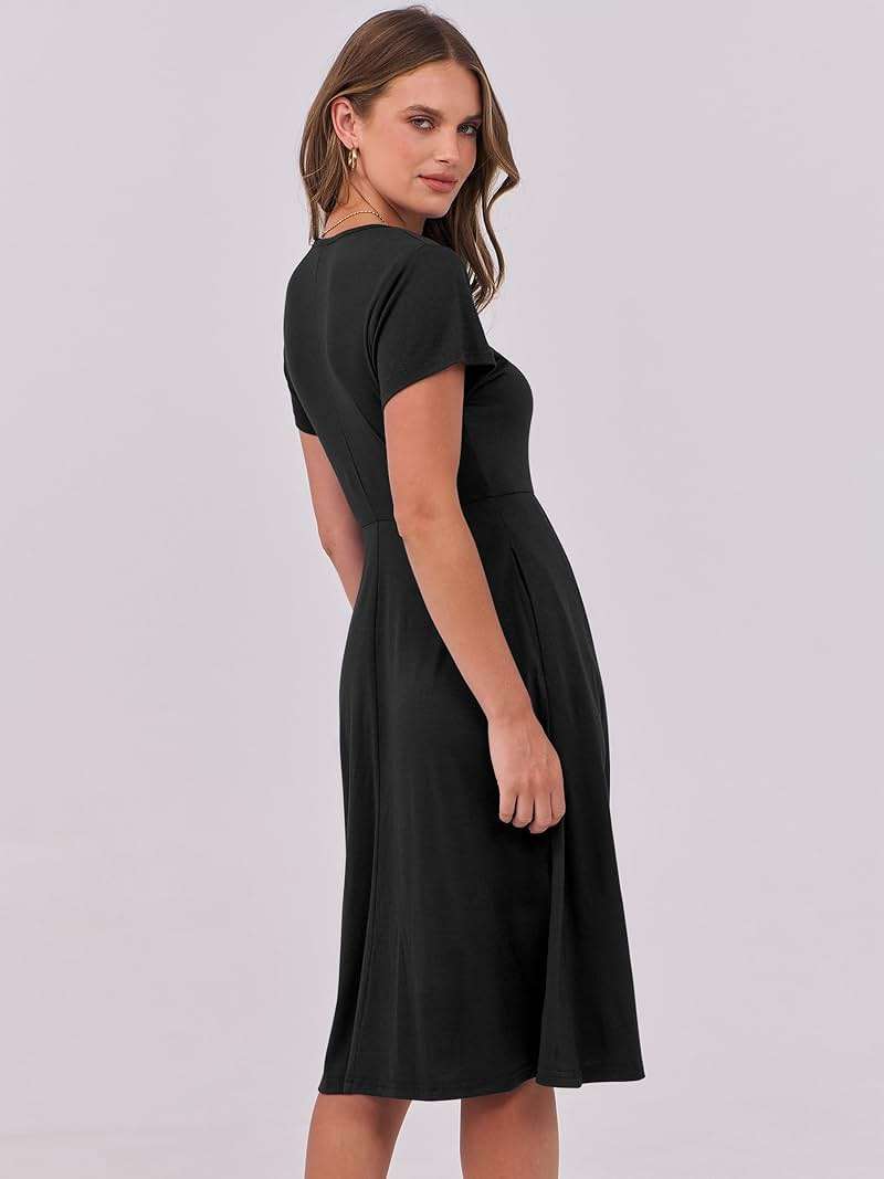ANRABESS Women Summer Dress Casual Short Sleeve V Neck A-Line Knee Length Pleated Flowy 2026 Fashion Midi Dresses with Pocket - Image 6