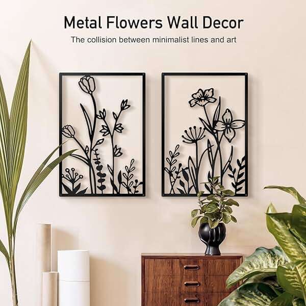 Sokurdeg Black Metal Flower Wall Decor, Minimalist Floral Botanical Wall Art, Abstract Line Boho Farmhouse Decor for Living Room, Bathroom, Bathroom, Office, Meaningful Gift (4 Pcs, 12x17 in) - Image 2