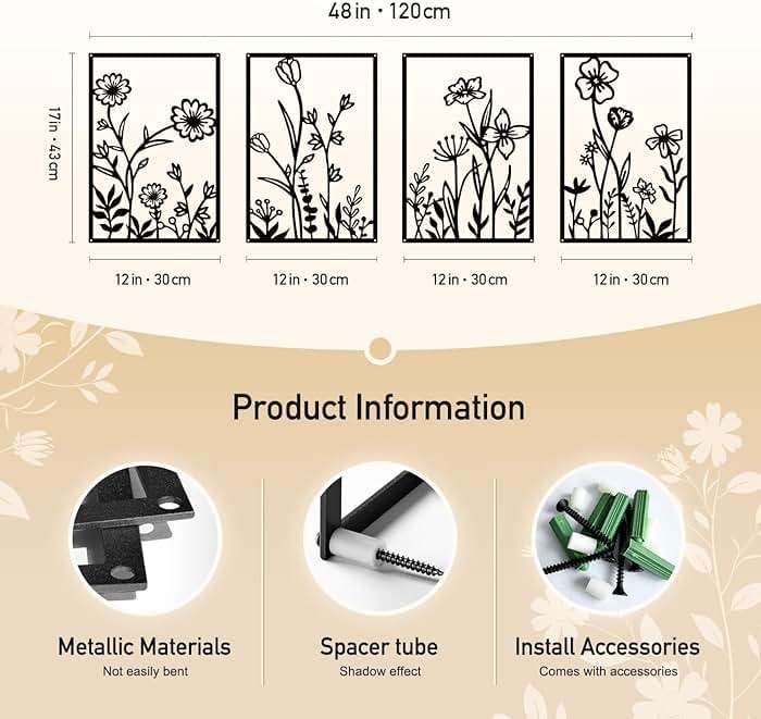 Sokurdeg Black Metal Flower Wall Decor, Minimalist Floral Botanical Wall Art, Abstract Line Boho Farmhouse Decor for Living Room, Bathroom, Bathroom, Office, Meaningful Gift (4 Pcs, 12x17 in) - Image 3