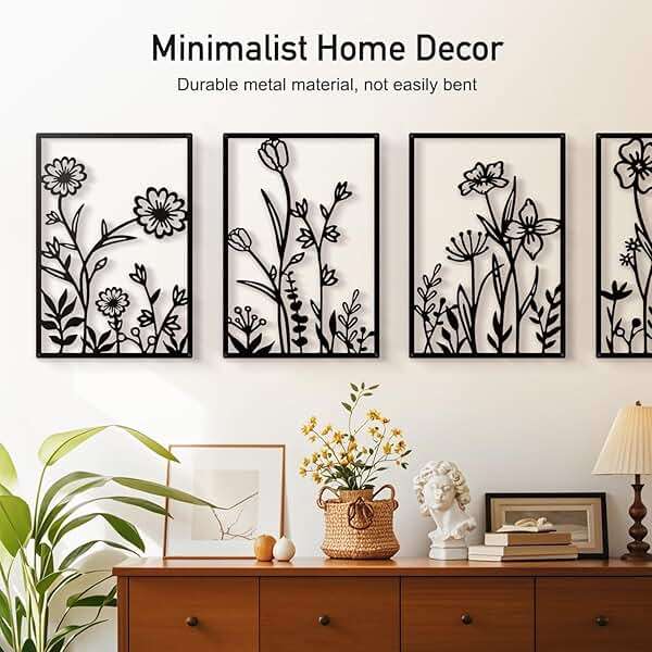 Sokurdeg Black Metal Flower Wall Decor, Minimalist Floral Botanical Wall Art, Abstract Line Boho Farmhouse Decor for Living Room, Bathroom, Bathroom, Office, Meaningful Gift (4 Pcs, 12x17 in) - Image 5