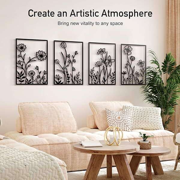 Sokurdeg Black Metal Flower Wall Decor, Minimalist Floral Botanical Wall Art, Abstract Line Boho Farmhouse Decor for Living Room, Bathroom, Bathroom, Office, Meaningful Gift (4 Pcs, 12x17 in) - Image 6