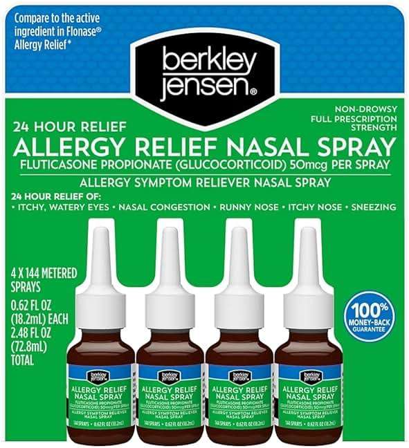 berkley jensen 24-Hour Allergy Relief Nasal Spray, Fluticasone Propionate (Glucocorticoid), 50 mcg, Full Prescription Strength, Non-Drowsy, 4 Bottles x 144 Metered Sprays, 0.62 Fl OZ per Bottle - Image 1