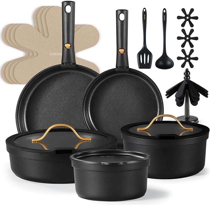 CAROTE 20pcs Pots and Pans Set Non Stick, Nonstick Cookware Set, Dishwasher/Oven/Fridge Safe Pots and Pans, Removable Handle RV Oven Safe Cookware, Induction Kitchen Set, Black - Image 1