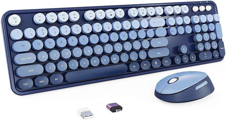 Nowlike Wireless Keyboard and Mouse Combo, Retro Typewriter Keyboard with Round Keycaps, Full-Size Ergonomic, Blue, Ideal for Windows PC, Home, Office, and College, Wireless Keyboard Mouse Combo - Image 1