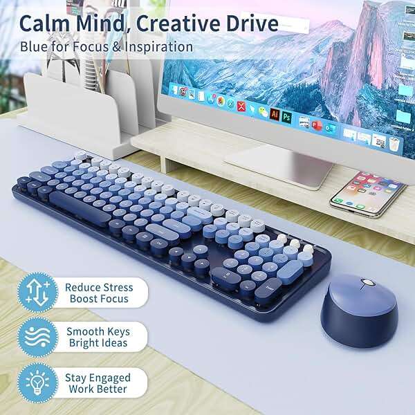 Nowlike Wireless Keyboard and Mouse Combo, Retro Typewriter Keyboard with Round Keycaps, Full-Size Ergonomic, Blue, Ideal for Windows PC, Home, Office, and College, Wireless Keyboard Mouse Combo - Image 2