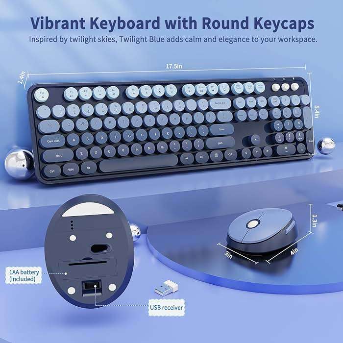 Nowlike Wireless Keyboard and Mouse Combo, Retro Typewriter Keyboard with Round Keycaps, Full-Size Ergonomic, Blue, Ideal for Windows PC, Home, Office, and College, Wireless Keyboard Mouse Combo - Image 6