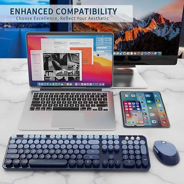 Nowlike Wireless Keyboard and Mouse Combo, Retro Typewriter Keyboard with Round Keycaps, Full-Size Ergonomic, Blue, Ideal for Windows PC, Home, Office, and College, Wireless Keyboard Mouse Combo - Image 7